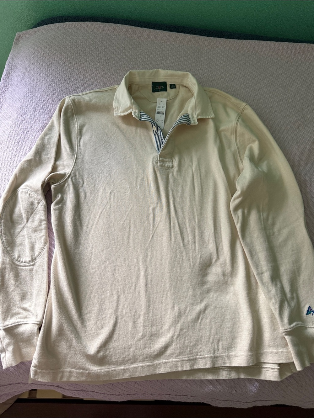 J. Crew Men’s Cream Long-Sleeve Polo with Striped Placket